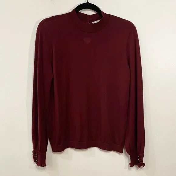 EUC Sezane Hazel Merino Wool Ruffle Cuff Sweater Burgundy Medium - Picture 2 of 10